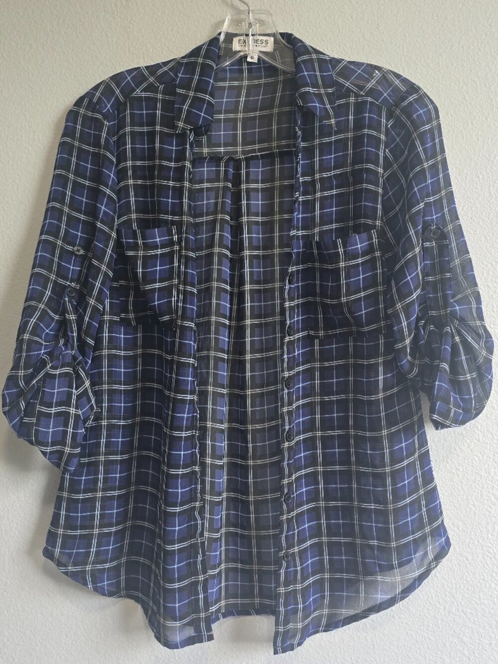 Express portofino shirt blue plaid blouse size xs